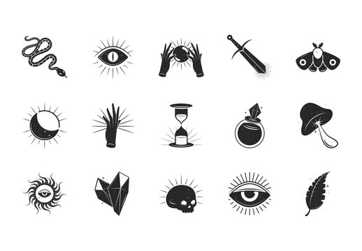 Black Esoteric Magic Sword Crystal Hand Icons Set