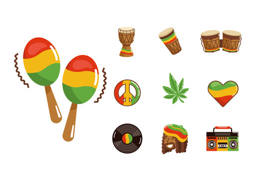 Brown And Green Music Peace Drum Culture Icons Set