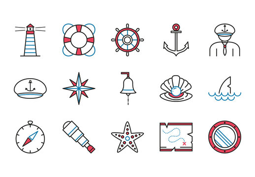 Blue And Red Anchor Compass Lighthouse Sailor Icons Set