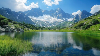 Serene mountain lake with reflections against towering snow-capped peaks