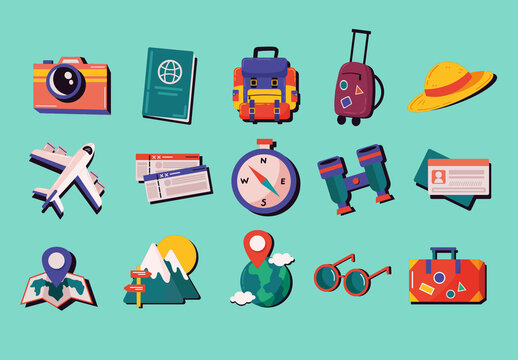 Colorful travel passport suitcase airplane compass illustration