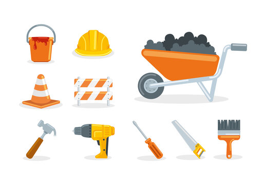 Yellow Orange Construction Tools Equipment Builder Icons Set