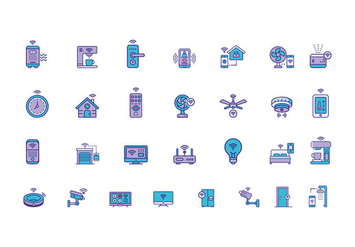 Purple Smart Home Technology Security Wifi Icons Set