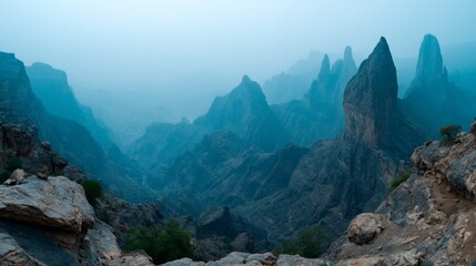 Naklejka premium Majestic Mountain Peaks Shrouded in Mist Capturing the Beauty of Nature's Rugged Terrain at Dawn in a Serene Atmosphere