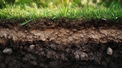 Exposed earth layers with rich soil and vibrant grass, showcasing life cycle