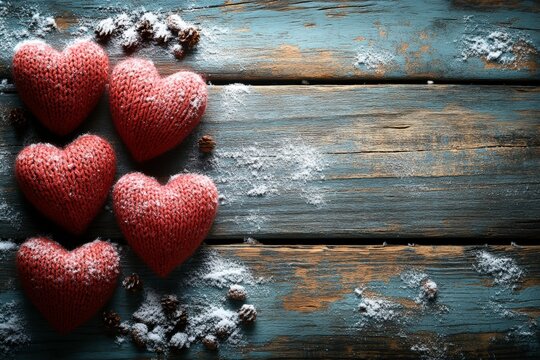 Cozy knitted hearts on rustic wooden background with snow, ideal for winter romance, Valentine's Day, and holiday decorations or crafts
