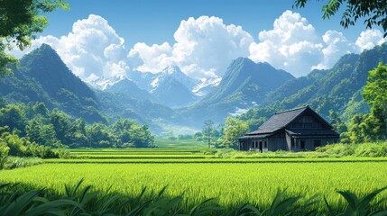 Fototapeta premium Tranquil rural scenery with a house in a rice field and mountains