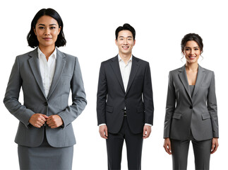 Three diverse business professionals, including an Asian woman, an Asian man, and a Caucasian woman, smiling in grey and black suits against a transparent background