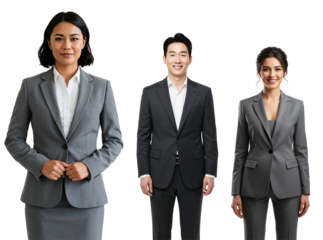 Three diverse business professionals, including an Asian woman, an Asian man, and a Caucasian woman, smiling in grey and black suits against a transparent background
