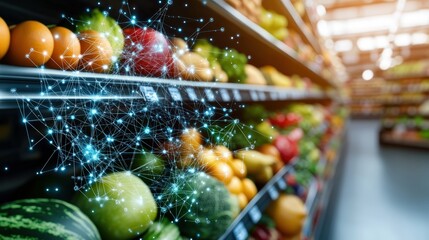 Digital network overlayed on vibrant fresh produce in a grocery store aisle suggesting smart food technology.