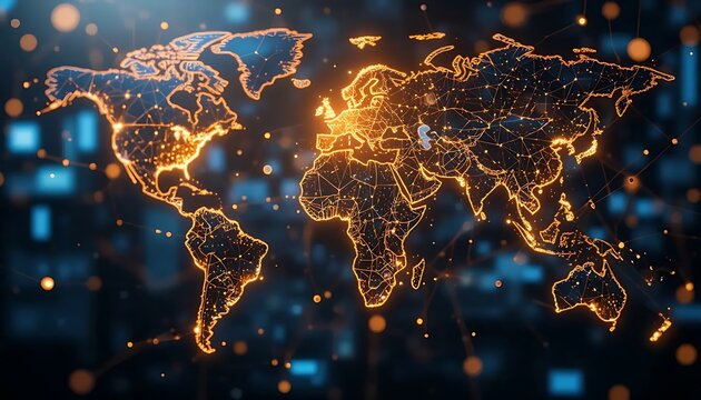 A luminous world map rendered with glowing network connections symbolizes global connectivity today. - Powered by Adobe