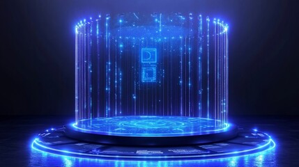 Futuristic, glowing, blue energy platform with digital display