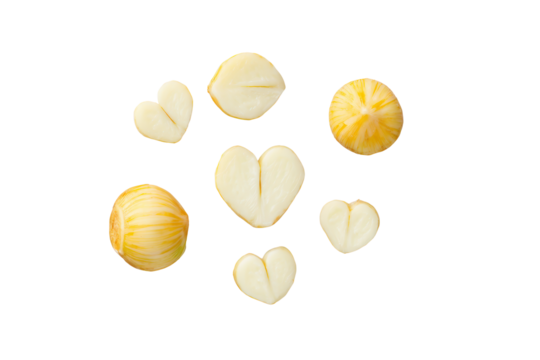 Hearts of palm baton sticks aligned parallel border flatlay isolated on transparent background