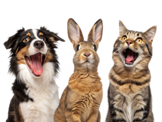 A dog, rabbit, and cat with open mouths looking upwards in a studio shot against a black background