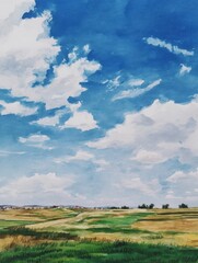 Obraz premium Vibrant Watercolor Depicting Lush Crops Under a Bright Blue Sky With Fluffy Clouds in a Tranquil Countryside Landscape During the Growing Season