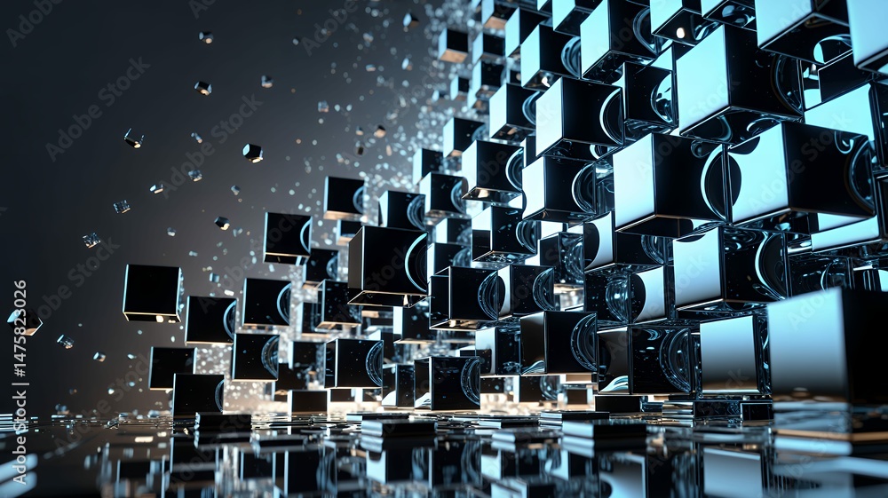 Poster abstract arrangement of reflective cubes in a modern and minimalist geometric composition style