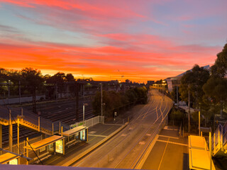 An early morning view along the number 70 tram line towards Richmond, near John Cain Arena and the MCG