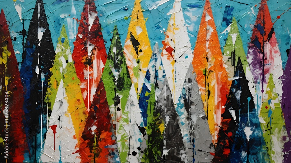 Poster abstract painting showcasing a colorful array of triangle shapes creating dynamic visual textures.