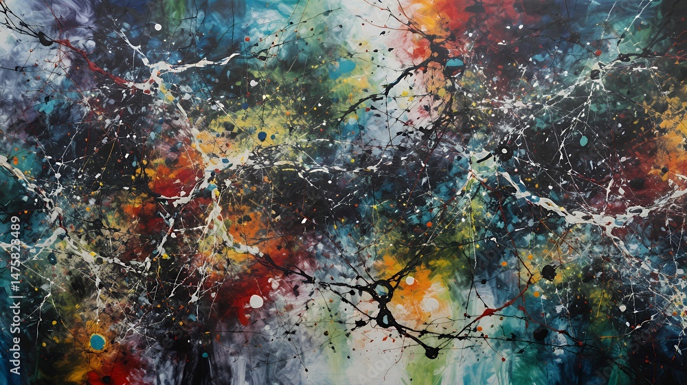 Poster a dynamic abstract expressionism evokes a sense of chaos and energy with vibrant colorful splatters.