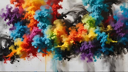 A vibrant explosion of colorful smoke creates a dynamic, visually stunning abstract composition.