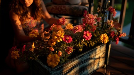 Woman Arranging Colorful Flowers in a Brightly Lit Planter on a Sunny Day in a Cozy Outdoor Setting