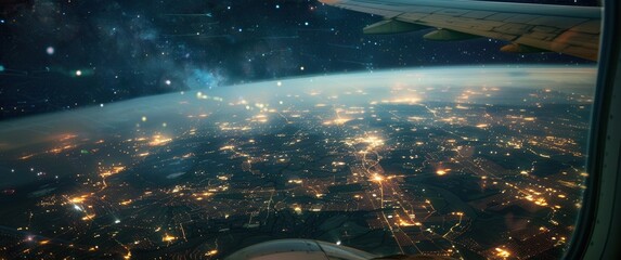 Airplane window view of a twinkling city below, starry night sky above, and aircraft wing visible.
