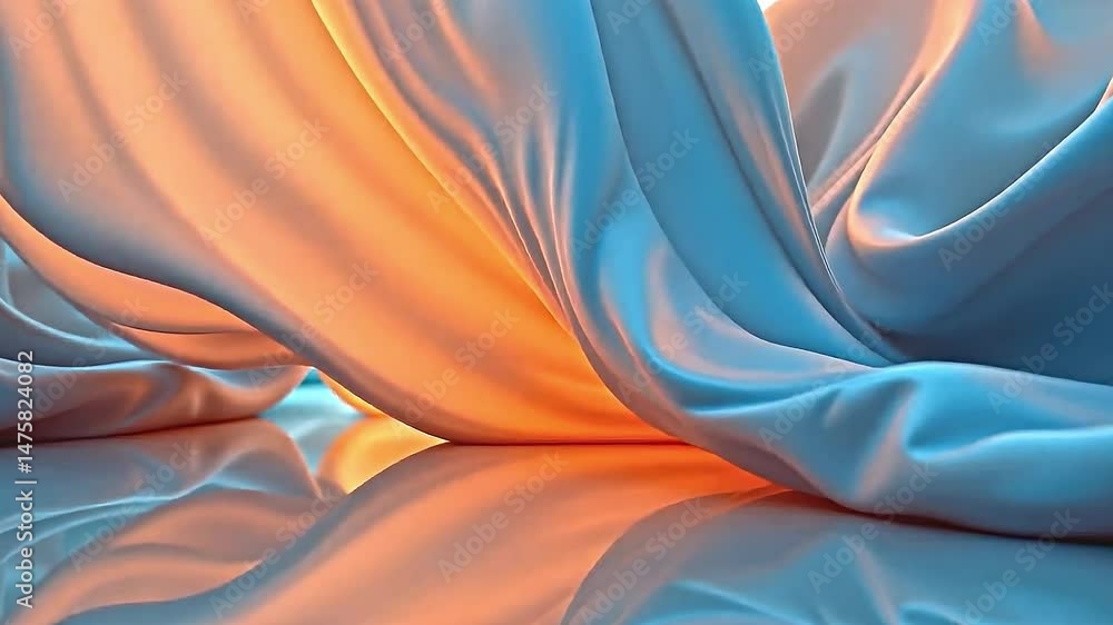 Poster visually captivating scene of flowing translucent fabric shades of blue orange. fabric appears to dr