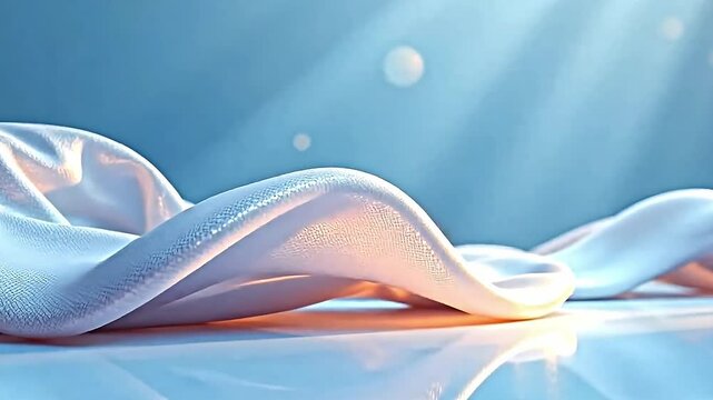 visually captivating scene of flowing translucent fabric draped elegantly smooth reflective surface. fabric appears to intricately woven subtle texture that catches light creating soft...