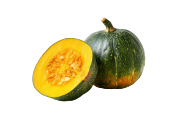 Kabocha squash crescent slices forming circular wreath pattern flatlay isolated on transparent background