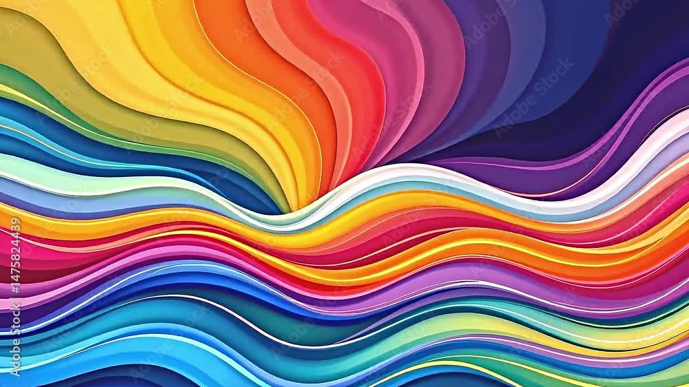 Fototapete vibrant dynamic abstract design composed of flowing wavy lines spectrum of colors. background transitions from deep blue top to bright yellow bottom creating gradient effect. lines layered...