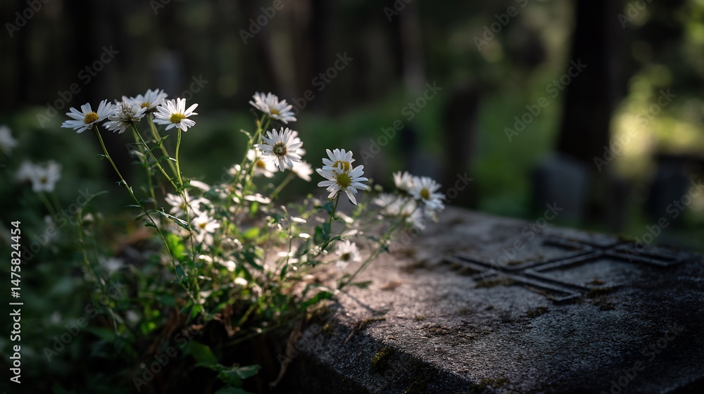 Poster white daisies delicately positioned gravestone cross etched into stone soft natural light filtering 