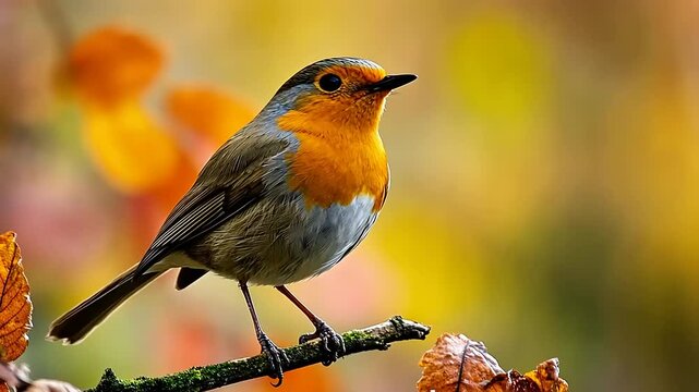 A vibrant robin perched on a branch amidst colorful autumn leaves in a serene nature setting