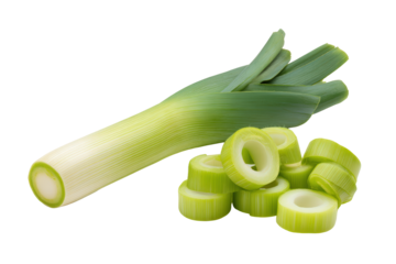 Leek green strips aligned diagonal line across white flatlay isolated on transparent background