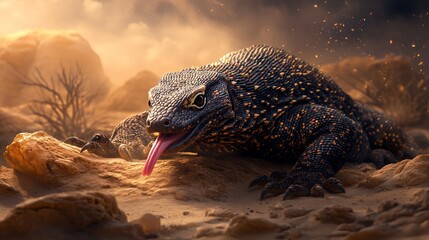 Obraz premium Giant reptile with pink tongue in desert landscape, looking intense, brown and orange tones