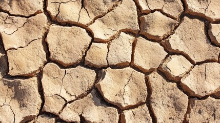 Dry Cracked Earth Surface Showing Patterns of Soil Erosion and Desertification in a Natural Environmental Setting with Textured Details and Warm Tones