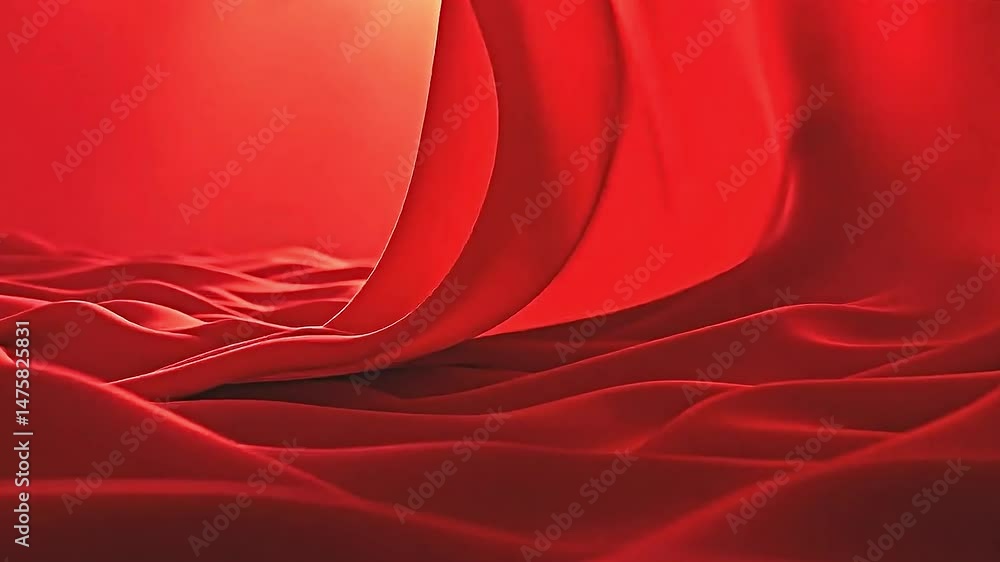 Poster visually striking composition of flowing red fabric draped elegantly across landscape. fabric's smoo