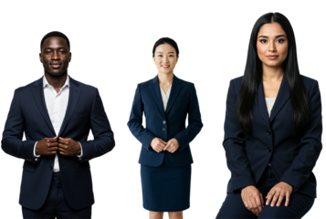 Studio portrait of a diverse group of three business professionals: a Black man, an East Asian woman, and a Middle Eastern woman, all in navy suits against a transparent background.
