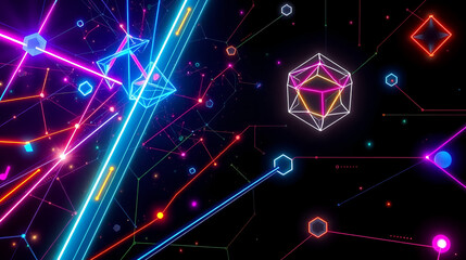 abstract illustration of geometric shapes and structures in colorful neon colors and lights in cyberspace against dark background