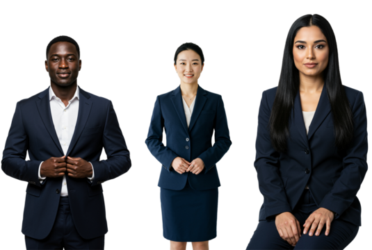 Studio portrait of a diverse group of three business professionals: a Black man, an East Asian woman, and a Middle Eastern woman, all in navy suits against a transparent background. - Powered by Adobe