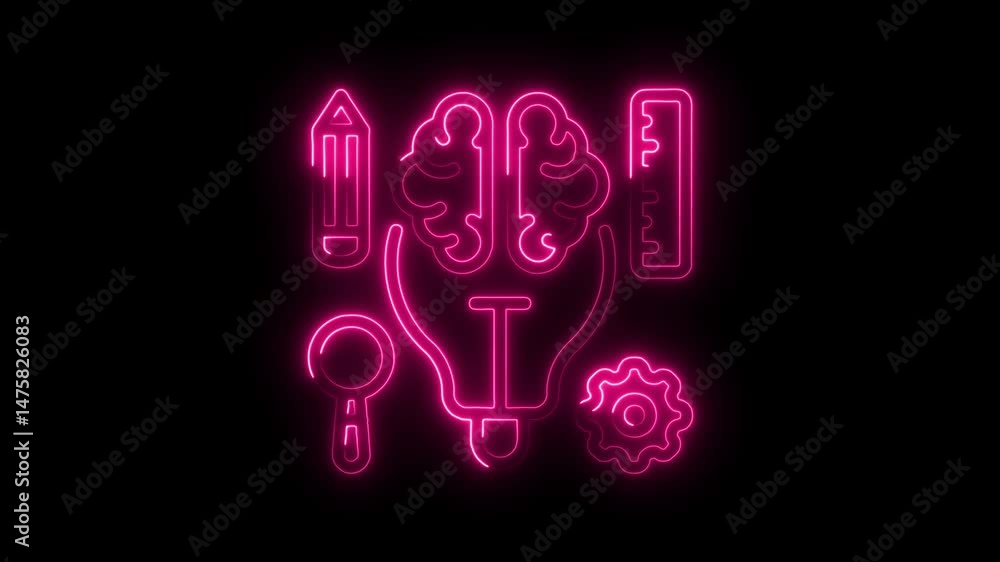 Poster brainstorming and creative process neon illustration animation on black background exploring innovat