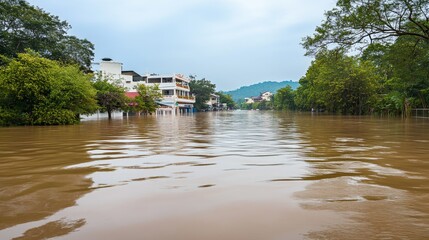 Obraz premium Chiang Mai landscape during peak flood stage after monsoon rains with brown river water flowing through urban buildings green trees. Calm atmosphere with cloudy sky and distant natural surroundings.