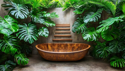 Obraz premium Luxurious outdoor bathtub nestled amidst lush tropical foliage, creating a serene and tranquil spa-like atmosphere.