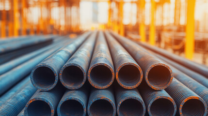 Stacked steel pipes in a construction site with a warm, industrial background.