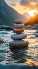 Balanced stones in a tranquil mountain stream at sunset.