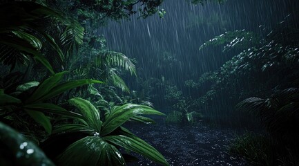 Obraz premium Lush, rain-soaked jungle path, dark, mysterious, tropical foliage