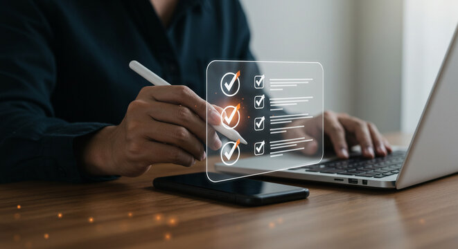  Hands, skillfully using a laptop, with a digital interface, symbolizing efficient data entry, online communication, and modern business operations in a professional environment - Powered by Adobe