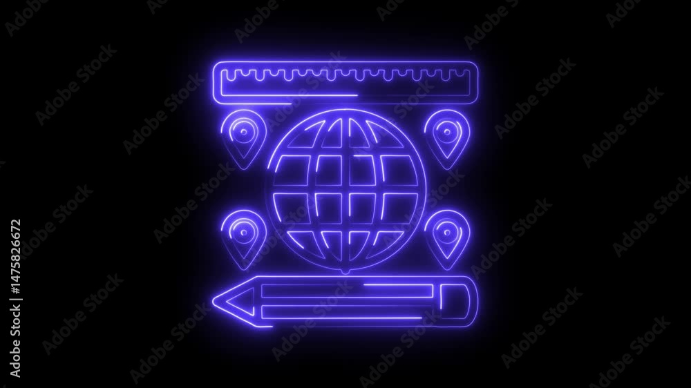 Poster neon globe and location pins with ruler and pencil for maps and travel concepts video