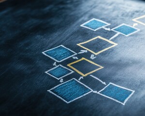 A detailed flowchart on a chalkboard, illustrating organized concepts and processes for business planning and strategy.