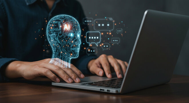 person, typing on a laptop, with glowing data visualization, symbolizing data analysis, technological insights, and strategic decision-making for business growth and development. - Powered by Adobe
