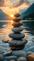 Balanced stones resting on water at sunset.